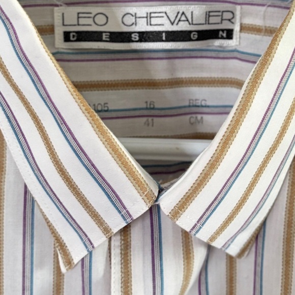 Vintage Leo Chevalier White Cotton Dress Shirt Purple/Blue & Tan Stripes - Picture 5 of 13